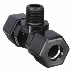 This PARKER compression tee fitting is made of polypropylene and features connections of 3/8 in OD x 3/8 in OD x 1/4 in pipe size. It is used to branch or combine fluid lines in plumbing and instrumentation systems. The fitting complies with NSF/ANSI 51 standards for material safety in potable water and food-contact applications.