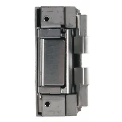 Cylindrical electric strike in stainless steel, 1 1/4 in wide by 4 7/8 in high. Operates on 12/24V input with a Performance Duty Rating of 1 - Heavy Duty. Used in access control systems for securing doors in commercial and institutional settings.