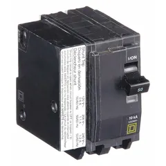 Plug-in miniature circuit breaker from the QO Series, rated 50 A, 2-pole, single-phase, 120/240V AC with a maximum interrupting rating of 10kA at 120/240V AC. Designed for overcurrent protection in branch circuits and compatible with QO Load Centers and NQ Panelboards.