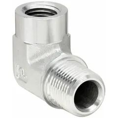 Steel pipe elbow with 1/2 in male NPT threaded x 1/4 in female NPT threaded connections. Rated for maximum operating pressure of 3,000 psi. Used in hydraulic, pneumatic, and fluid-handling systems for 90-degree directional changes in high-pressure piping.