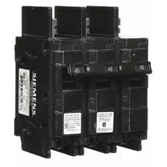The SIEMENS BQ3B045 is a 45 A, 240V AC, 3-pole miniature circuit breaker from the BQ Series. It features a bolt-on connection for secure installation in panelboards. This breaker provides overcurrent protection for branch circuits in commercial and industrial electrical distribution systems.