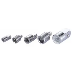 This socket adapter set includes three adapters with output drive sizes of 1/4 in, 3/8 in, and 1/2 in, allowing conversion between common square drive sizes for use with hand tools. The adapters have a chrome finish and an overall length of 1-1/2 in. Suitable for general assembly and maintenance tasks requiring multiple drive sizes.