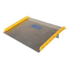 This aluminum dock board bridges the gap between a loading dock and a truck or railcar, enabling safe forklift and hand-truck loading. It has a 10,000 lb load capacity, 48 in overall length, and 60 in overall width. The steel curb helps prevent wheel-off incidents during loading operations.