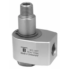 This MOSMATIC rotating joint is made of nickel-plated C38500 brass with a single passage. It features a 3/8 in threaded rotating shaft and is rated for a maximum speed of 30 RPM. Commonly used to transfer fluid or gas from a stationary supply into rotating machinery in low-speed applications.