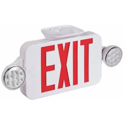 COMPASS Exit Sign with Emergency Lights: White, 1 or 2 Faces, Red, LED, Ceiling/Wall - Plastic Exit Signs with Round Side-Mount Light Heads