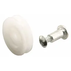 This roller is a screen door hardware component used to guide and support sliding screen doors. It measures 1 inch in overall height, 1 inch in overall length, and 1/4 inch in overall width. Supplied as a pair (1 PR) in an unfinished white finish.