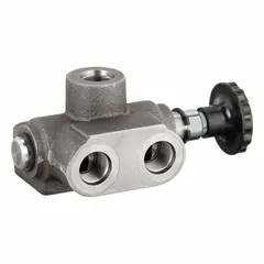 Four-way, two-position manual hydraulic selector valve rated at 20 gpm and 3,000 psi with lever actuation. Used to direct fluid flow in mobile and industrial hydraulic systems, controlling double-acting cylinders or motors.
