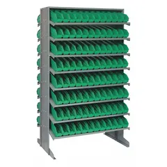 Steel stationary pick rack with 192 green open-front bins (4 in x 2-3/4 in x 11-5/8 in each) on 16 shelves across 2 usable sides. Gray frame. Suitable for organizing and storing small parts, components, or hardware in warehouses, manufacturing facilities, and distribution centers.
