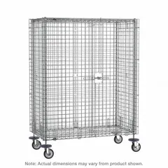 Antimicrobial wire security cart with 900 lb capacity. Overall dimensions 65 in L x 34 in W x 69 in H; self 60 in L x 30 in W. Features adjustable shelf type, side pedal brake casters, and (2) swivel with brake configuration. No shelves included. Suitable for secure transport and storage in clean environments requiring controlled access.