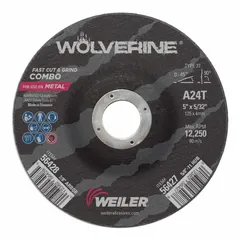 General purpose combination wheel for carbon and stainless steel. Aluminum oxide construction with 24 grit for rapid material removal. Type 27 shape with 5" diameter, 1/8" thickness, and 7/8" arbor hole. Suitable for fabrication, maintenance, and metalworking applications.
