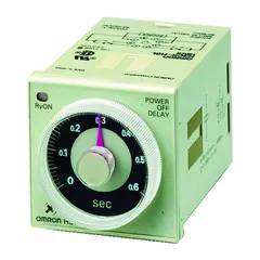 Panel-mounted relay timer with surface relay mounting. Operates on 100 to 125V DC or 100 to 240V AC. Timing range from 0.05 seconds to 300 hours. Used for industrial timing applications such as controlling start/stop sequences, delays, and cycle timing in automation and process control systems.