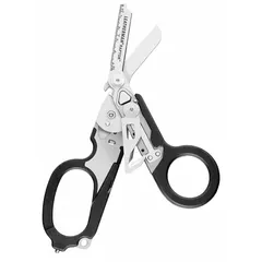 Stainless steel multi-tool shears with 6 tools and 6 functions. Measures 5 inches closed and 8 1/4 inches open. Includes fold-out shears, ruler, and utility holster. Suitable for cutting clothing, seat belts, and light materials in emergency or tactical settings.