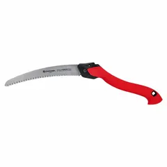 Folding pruning saw with a 10-inch steel blade, 0.1-inch thickness, and 6 teeth per inch. Overall length is 12 1/4 inches. Suitable for cutting tree branches, shrubs, and thick vegetation in landscaping and maintenance tasks.