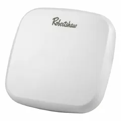 Wall-mount outdoor temperature sensor with open-mounted plastic housing. Measures ambient temperature from 30°F to 90°F using a thermistor signal with ±1% of full scale accuracy. Includes battery. Not compatible with building automation systems. Suitable for standalone HVAC or environmental monitoring applications.