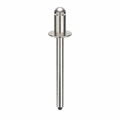 Domed-head blind rivet with 0.183" diameter and 1.601" overall length. Body length is 19/64". Supplied in a 250-piece pack. Used for fastening materials where only one side is accessible, such as in sheet metal assembly and general fabrication.