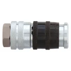 Steel quick-connect coupling body for compressed air systems. Features a 3/8" female hose fitting with 3/8"-18 thread and push-to-connect locking for one-handed connections. Used in pneumatic tools, hoses, and equipment in manufacturing and industrial settings.
