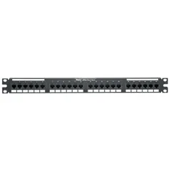 Steel 1RU patch panel with 24 RJ45 ports for Category 5e unshielded cabling. Rear IDC termination and front numbered labeling. Supports Type 3 and Type 4 Power over Ethernet for high-power network devices.