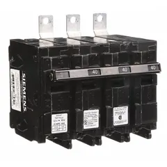 Three-pole miniature circuit breaker rated 40 A at 120/240V AC, three-phase, with shunt trip. Part of the BL Series, bolt-on style, with a maximum AIR rating of 22kA at 120/240V AC. Designed for use in Siemens P1 panelboards to provide overcurrent and short-circuit protection in commercial and industrial power distribution systems.