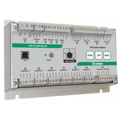 Combination DIN-rail and surface-mounted relay with USB interface. Features two reset inputs and an IGBT switch output. Operates on 12 to 48V DC input voltage. Used for arc-flash detection and mitigation in industrial electrical panels.