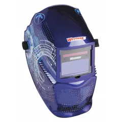 Auto-darkening welding helmet with blue/white graphics, nylon construction, and analog ADF controls. Features two arc sensors, a viewing area of 3.82 x 1.73 inches, and welding shade range W9-13. Includes grind mode and ratchet suspension adjustment for use in MIG, TIG, and stick welding applications.