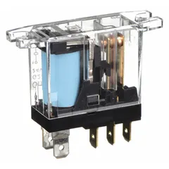Surface-mounted relay with top flange mounting and square base. SPDT contact configuration, 24V DC coil, rated 10 A. Quick-connect terminals. Suitable for switching inductive loads in control panels and automation systems.