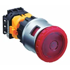 Illuminated mushroom-head push button with maintained action, 30 mm profile, non-metallic construction, and 1NO/2NC contacts. Used in industrial control panels for emergency stop or start functions requiring a maintained state.