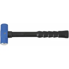 This soft-face drilling hammer features a 4 lb head weight and 1 5/8 in diameter face, with a 14 in overall length. The fiberglass handle and smooth face allow controlled striking without marring workpieces. Suitable for assembly, disassembly, and maintenance tasks where surface damage must be avoided.