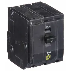 Three-phase miniature circuit breaker rated 30 A at 120/240V AC with a maximum interrupting rating of 22kA. Plug-in design for use in QO Load Centers and NQ Panelboards. Provides overcurrent protection in electrical distribution systems.