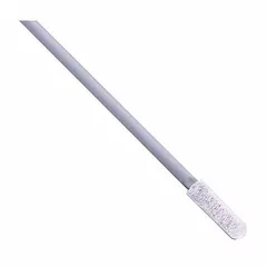 Cleanroom swab with a flexible, flat-paddle polyester tip that does not generate loose fibers or particles. Overall length 2 3/4 in, tip length 15/32 in, tip width 1/8 in, white polypropylene handle 2 1/4 in. Suitable for precision cleaning of sensitive components in controlled environments.