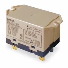 Surface-mounted power relay with a square base and top flange mounting. Features DPST-NO contacts rated at 25 A, 24V AC coil voltage, and quick-connect terminals. Suitable for switching high-current industrial loads such as motors, heaters, and lighting systems in automation panels and HVAC equipment.