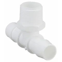 Barbed tee fitting with 1/2 in MNPT male pipe thread and two 1/2 in ID barbed ends, made of polypropylene. Used to connect three tubes in a T-shaped junction for low-pressure fluid or air systems. Pack of 10.