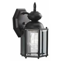 Bulb-dependent decorative wall light with brass housing, rated for 100 W at 120V AC. Overall height 10 1/4 in. No lamp included. Suitable for ambient or accent illumination in entryways, patios, and corridors
