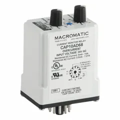 Socket-mounted overcurrent relay with adjustable trip point from 0.1 to 10 A, rated for 24V AC and 10 A. Features an LED status indicator and terminal strip connection. Used to monitor overcurrent conditions in industrial control circuits.