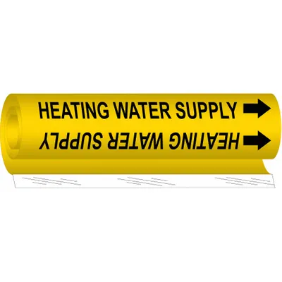 BRADY Pipe Marker: Heating Water Supply, Yellow, Black, Fits 2 1/2 to 7 7/8 in Pipe O.D. - Heating Water Supply Wrap-Around Pipe Markers