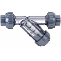 PVC Y strainer with 1/2-inch socket and threaded connections. Features a PVC screen with 0.0331-inch mesh openings and an EPDM seal. Height of 3 1/8 inches. Used to filter debris from liquids in piping systems.