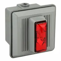 Wall-mount horn alarm with integrated strobe light for audible and visual notification. Operates at 120V AC with wire-lead connections. Dimensions: 5 1/2 in width, 5 1/2 in length, 5/8 in height. Suitable for industrial fire-alarm and safety-warning systems