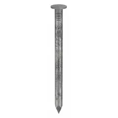 Collated roofing nails designed for use with pneumatic nailers. Each nail is 1-3/4" long with a galvanized finish for corrosion resistance, a flat head, smooth shank, and diamond point. Suitable for fastening roofing felt, shingles, and underlayment in roofing applications. Supplied in a 7,200-count pack.