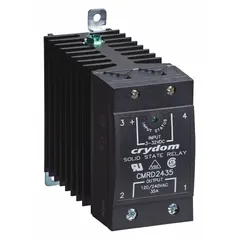 The CRYDOM CMRD4845 is a DIN-rail mounted solid state relay with a Form A, SCR AC output rated 48 to 530V AC. It features a DC input current of 30 mA and a maximum output current without heat sink of 45 A. The cage-type electrical connection and finger-safe design suit panel installations for switching AC loads in industrial control systems.