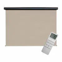 Motorized outdoor shade from the Regal Series, featuring a light brown fabric with 8 ft height and 7 ft oil-rubbed bronze valence. Operated via remote control and secured with a cable tie-down system. Suitable for patios, pergolas, and decks to block sun and UV rays while allowing airflow