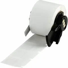 Precut wraparound label for marking cables, wires, and small cylindrical surfaces. Measures 1 in x 3/4 in with a 3/4 in inner diameter. Made of self-extinguishing vinyl with white matte finish. Compatible with BMP61 printer series; requires M61-R4310 ribbon.