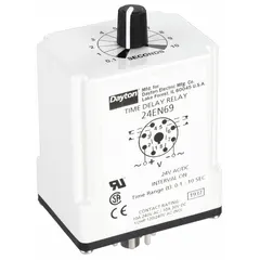 This Dayton socket-mounted relay provides a single interval timing function. It operates on 24V AC/DC and is rated for 10 A with 8 pins/terminals. Typical applications include industrial control panels for conveyors, pumps, and HVAC systems requiring precise timing.