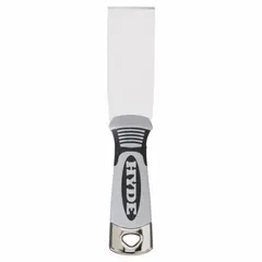 Standard scraper with a full, straight stainless steel blade and a plastic handle with a hammer end. The stiff blade construction is suited for removing paint, adhesive, and coatings from flat surfaces. Commonly used in construction, renovation, and maintenance tasks.