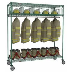 Mobile turnout gear rack constructed from steel with a green finish. Features five compartments on one side for organized storage of firefighter turnout gear. Suitable for use in fire stations and industrial safety facilities where mobile storage is required.