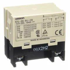 Bracket-mounted enclosed power relay from the OMRON G7L series. Features a DPST-NO contact configuration, 12V DC coil voltage, 30A current rating, and screw terminal connections. Suitable for switching high-current loads in control panels, HVAC systems, and automation equipment.