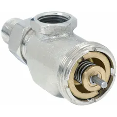 Horizontal-angle thermostatic radiator valve body made of Brass H58-3. Features 1/2 in FPT pipe connection and 1/2 in MPT radiator connection. Rated for maximum pressure of 142 psi water and 12 psi steam. Designed for use with compatible thermostatic actuators in hot water and steam heating systems.