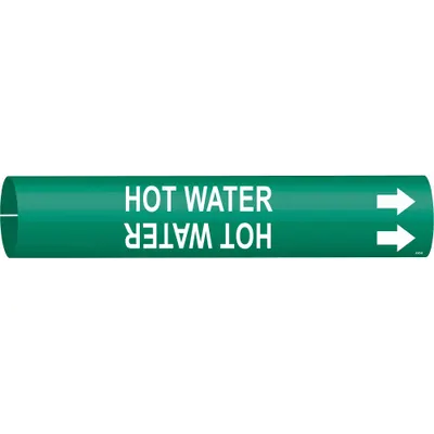 BRADY Pipe Marker: Hot Water, Green, White, Fits 1 1/2 to 2 3/8 in Pipe O.D. - Hot Water Snap-On Pipe Markers