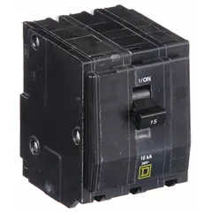Three-pole plug-in miniature circuit breaker from the QO Series, rated 15 A at 120/240V AC with a maximum interrupting rating of 10 kA at 120/240V AC. Designed for three-phase overcurrent protection in QO Load Centers and NQ Panelboards.