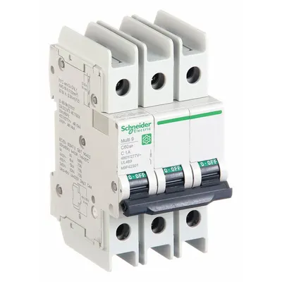 SCHNEIDER Miniature Circuit Breaker: 1 A Amps, 14kA at 120/240V AC, Screw Clamp - C-Curve, 3-Pole UL489 DIN Rail-Mount Miniature Circuit Breakers
