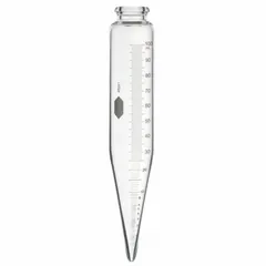 This KIMBLE glass centrifuge tube has a 100 mL capacity, 37 mm body diameter, and 203 mm overall height. The conical bottom facilitates pellet collection during centrifugation. Graduated markings allow volume measurement. Colorless body. Closure not included.