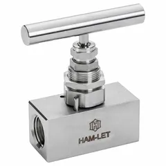 This HAM-LET needle valve features a 316 stainless steel straight body with screw-in bonnet and V-Stem design. It has 1/4" female NPT connections on both ends and conforms to ISO 2006(E). Suitable for precise flow control and shut-off of liquid media in industrial piping systems.